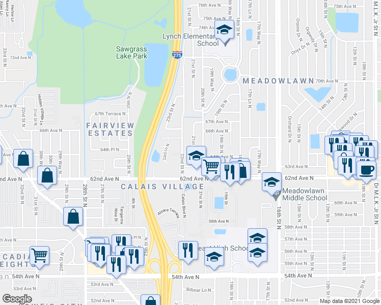 map of restaurants, bars, coffee shops, grocery stores, and more near 6497 21st Street North in St. Petersburg