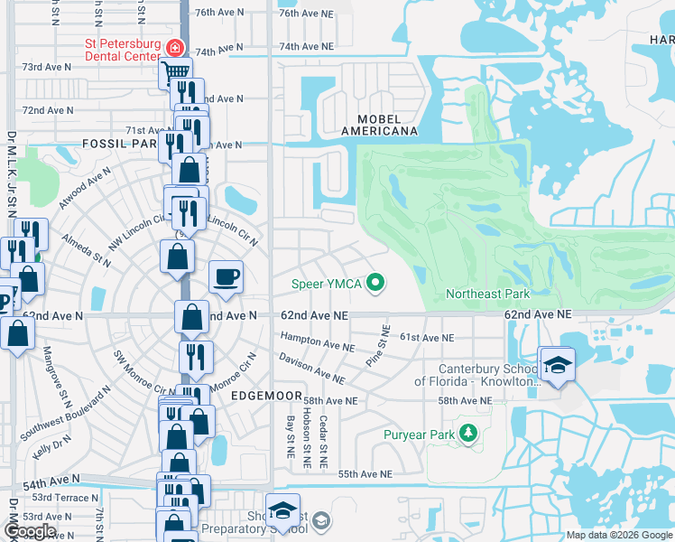 map of restaurants, bars, coffee shops, grocery stores, and more near 6420 Pershing Street Northeast in St. Petersburg