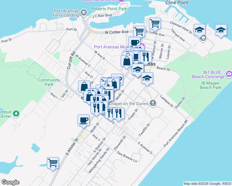 map of restaurants, bars, coffee shops, grocery stores, and more near 315 South Alister Street in Port Aransas