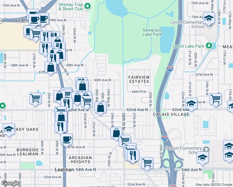 map of restaurants, bars, coffee shops, grocery stores, and more near 6491 29th Street North in St. Petersburg