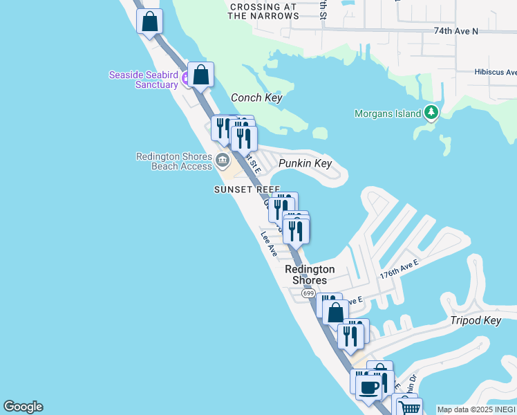 map of restaurants, bars, coffee shops, grocery stores, and more near Florida 699 in Redington Shores