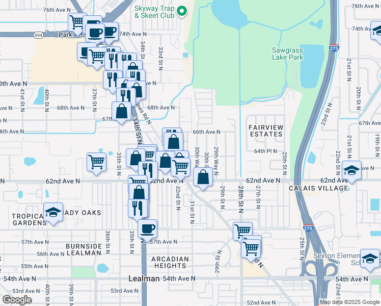 map of restaurants, bars, coffee shops, grocery stores, and more near 6493 31st Street North in St. Petersburg
