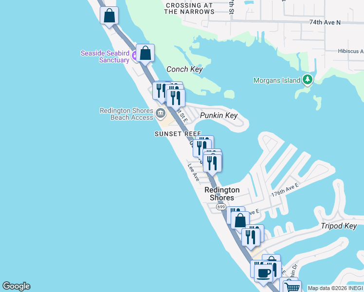 map of restaurants, bars, coffee shops, grocery stores, and more near 17940 Gulf Boulevard in Redington Shores