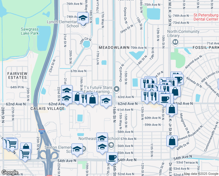 map of restaurants, bars, coffee shops, grocery stores, and more near 6447 17th Street North in Saint Petersburg