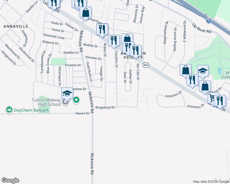 map of restaurants, bars, coffee shops, grocery stores, and more near 2600 Countiss Drive in Corpus Christi