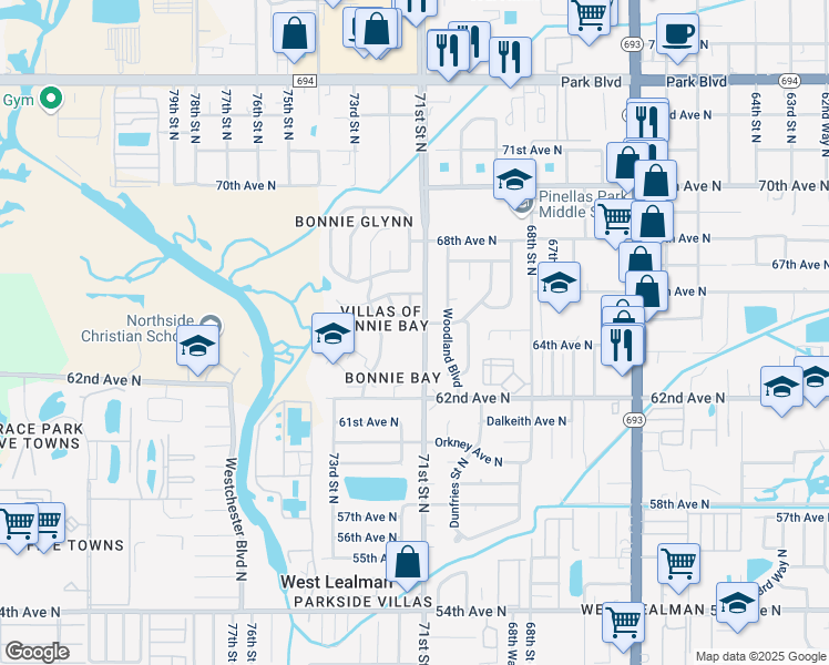 map of restaurants, bars, coffee shops, grocery stores, and more near 6571 Channelside Terrace in Pinellas Park