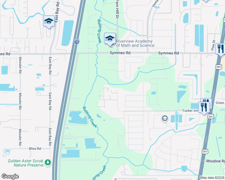 map of restaurants, bars, coffee shops, grocery stores, and more near 11633 John Robbins Road in Riverview