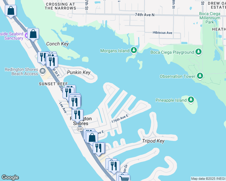 map of restaurants, bars, coffee shops, grocery stores, and more near 138 Wall Street in Redington Shores