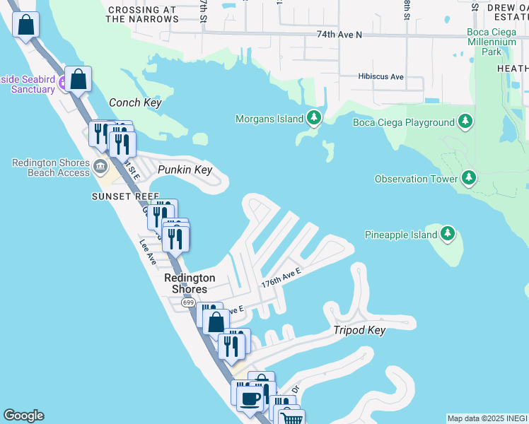 map of restaurants, bars, coffee shops, grocery stores, and more near 138 Wall Street in Redington Shores