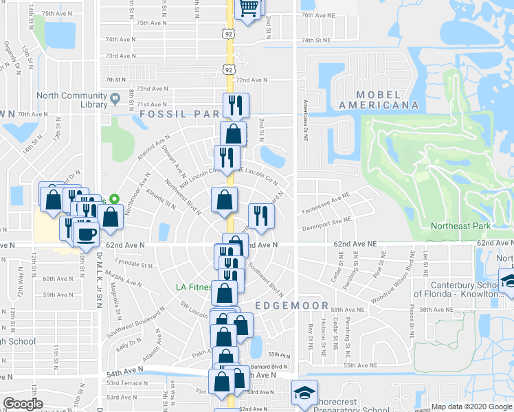 map of restaurants, bars, coffee shops, grocery stores, and more near 147 Northeast Monroe Circle North in St. Petersburg