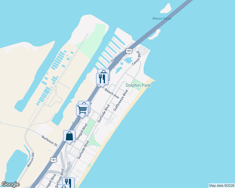 map of restaurants, bars, coffee shops, grocery stores, and more near 4520 Surfside Boulevard in Corpus Christi