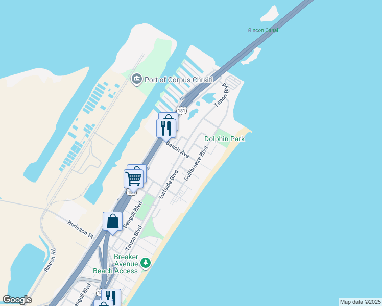 map of restaurants, bars, coffee shops, grocery stores, and more near 4520 Surfside Boulevard in Corpus Christi