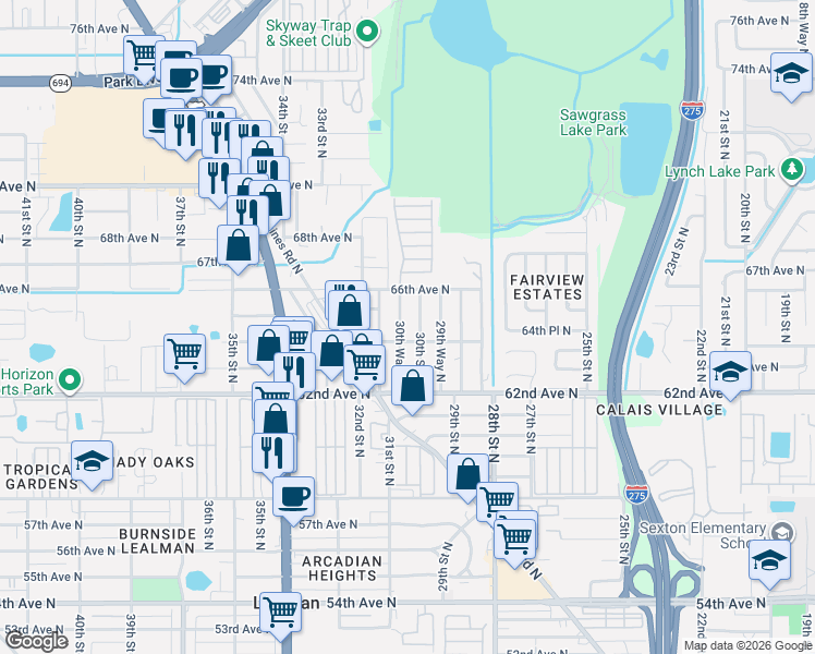 map of restaurants, bars, coffee shops, grocery stores, and more near 6493 31st Street North in St. Petersburg