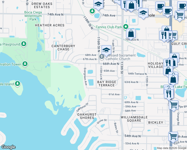 map of restaurants, bars, coffee shops, grocery stores, and more near 6476 Hillside Avenue in Seminole
