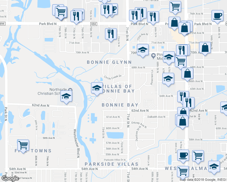 map of restaurants, bars, coffee shops, grocery stores, and more near 6521 Bonnie Bay Circle North in Pinellas Park