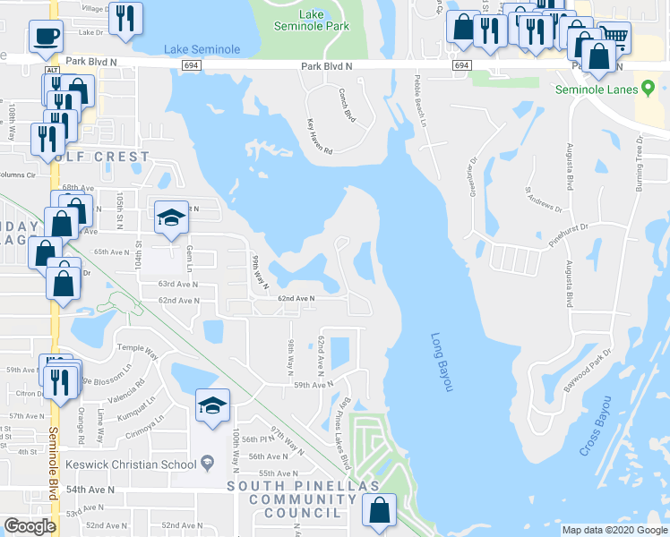 map of restaurants, bars, coffee shops, grocery stores, and more near 6475 Shoreline Drive in St. Petersburg