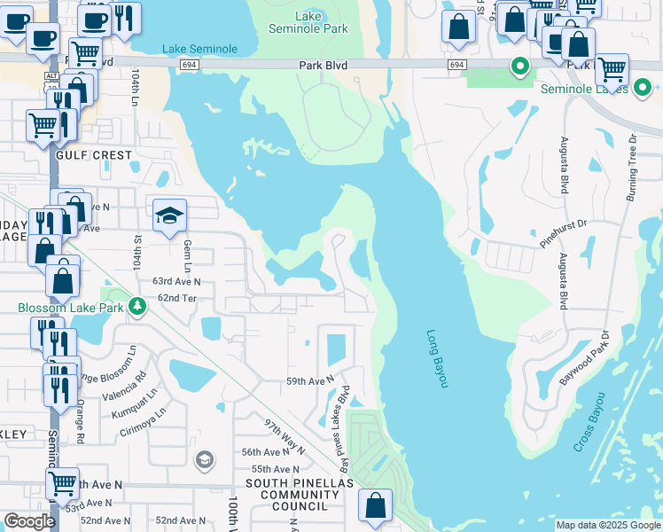 map of restaurants, bars, coffee shops, grocery stores, and more near 6475 Shoreline Drive in St. Petersburg