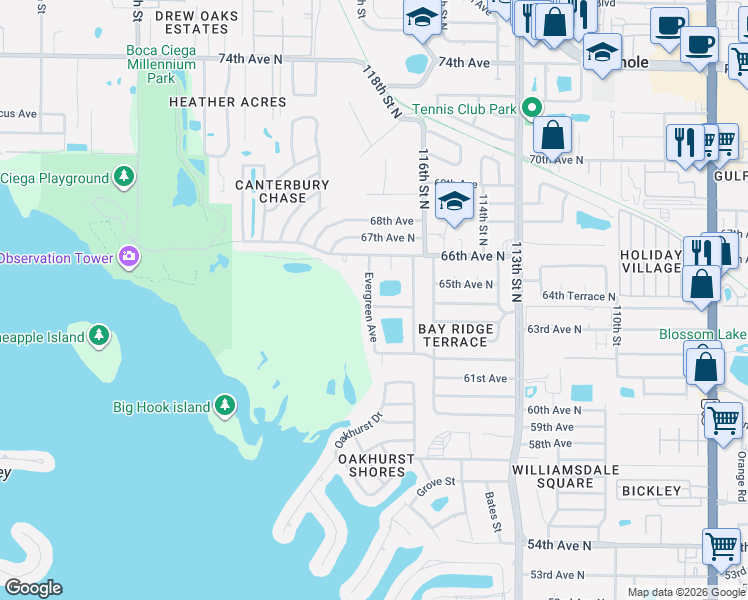 map of restaurants, bars, coffee shops, grocery stores, and more near 6427 Evergreen Avenue in Seminole