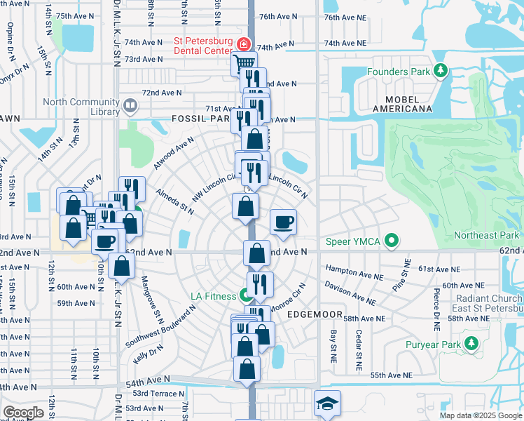 map of restaurants, bars, coffee shops, grocery stores, and more near 141 Northeast Madison Circle North in St. Petersburg