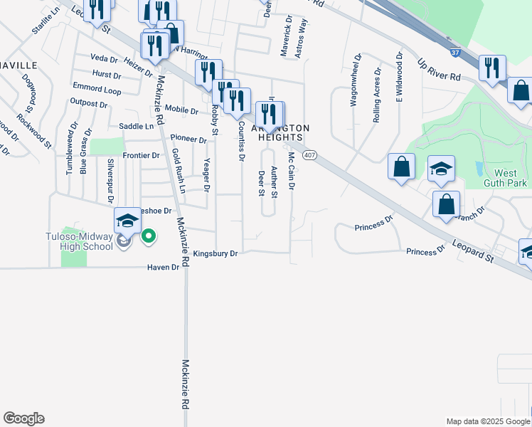 map of restaurants, bars, coffee shops, grocery stores, and more near 2608 Deer Street in Corpus Christi