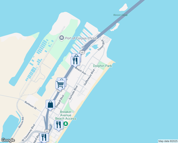 map of restaurants, bars, coffee shops, grocery stores, and more near 4520 Surfside Boulevard in Corpus Christi