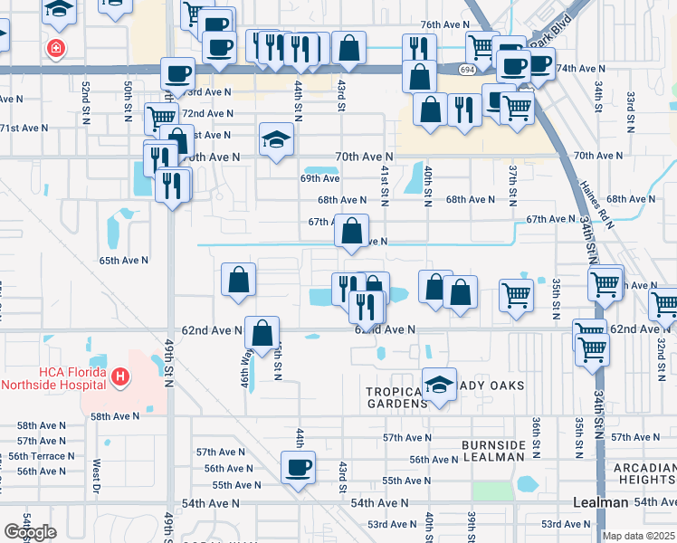 map of restaurants, bars, coffee shops, grocery stores, and more near 6541 44th Street North in Pinellas Park