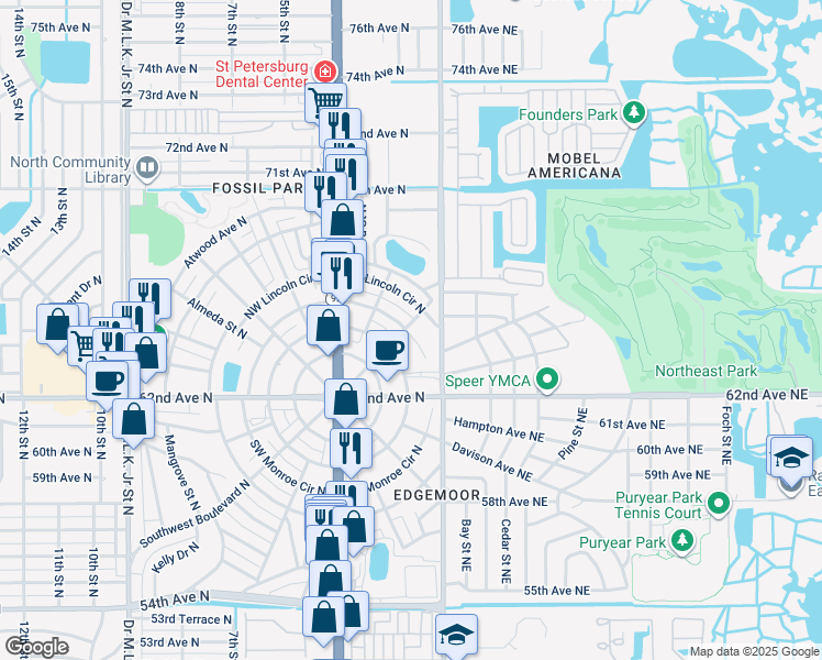 map of restaurants, bars, coffee shops, grocery stores, and more near 147 Northeast Monroe Circle North in St. Petersburg