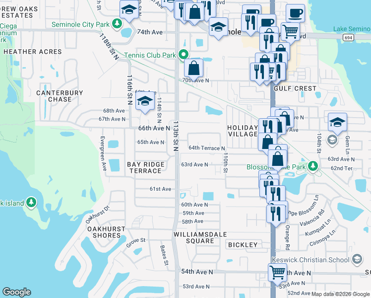 map of restaurants, bars, coffee shops, grocery stores, and more near 11197 64th Terrace North in Seminole