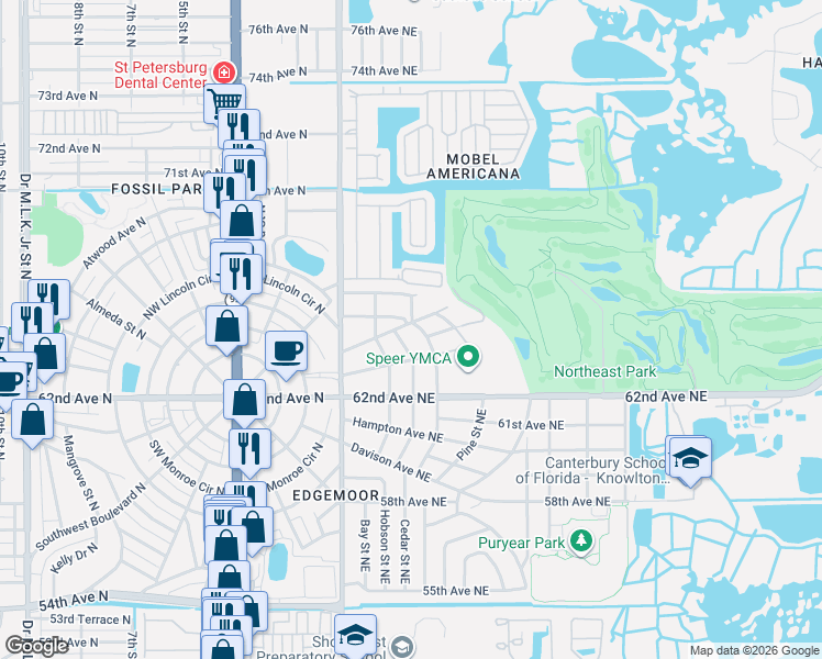 map of restaurants, bars, coffee shops, grocery stores, and more near 6420 Pershing Street Northeast in Saint Petersburg