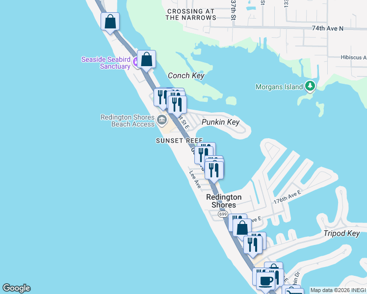 map of restaurants, bars, coffee shops, grocery stores, and more near 17940 Gulf Boulevard in Redington Shores