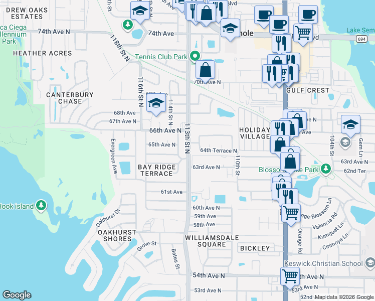 map of restaurants, bars, coffee shops, grocery stores, and more near 6472 113th Street in Seminole