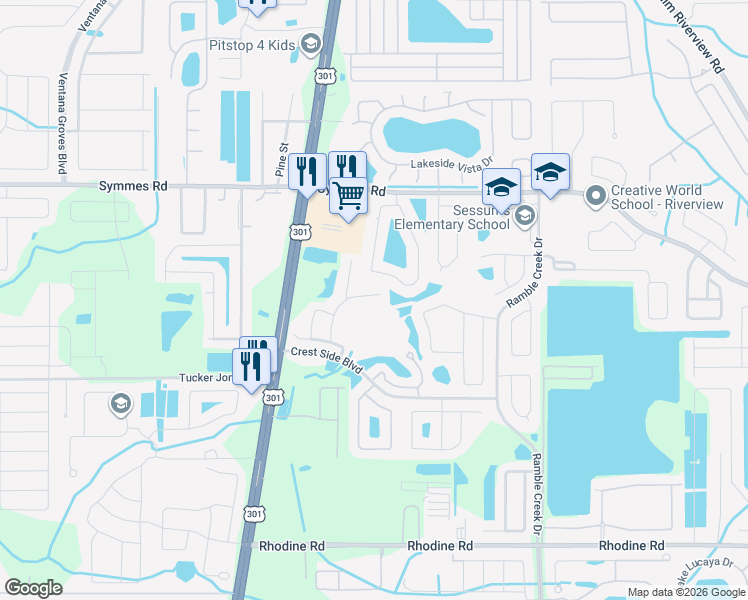 map of restaurants, bars, coffee shops, grocery stores, and more near 11508 Mansfield Point Drive in Riverview