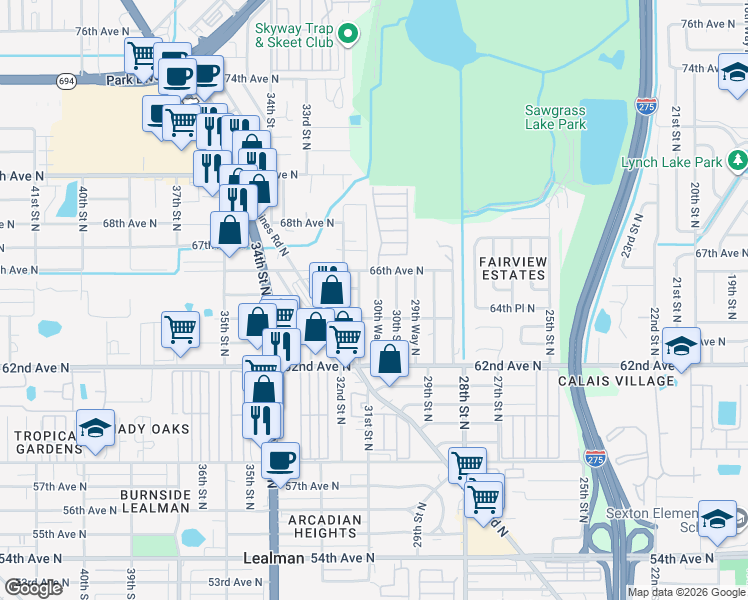 map of restaurants, bars, coffee shops, grocery stores, and more near 6466 30th Way North in St. Petersburg