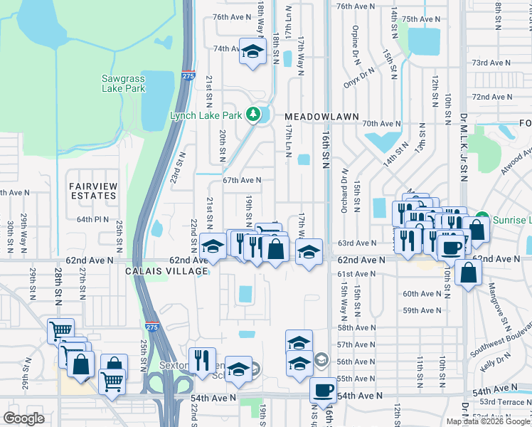 map of restaurants, bars, coffee shops, grocery stores, and more near 6517 18th Way North in St. Petersburg