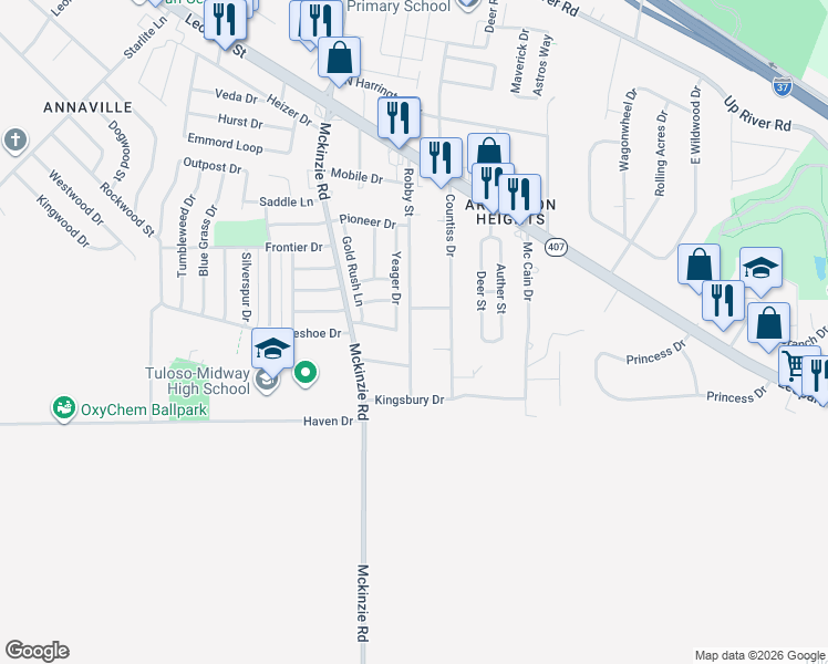 map of restaurants, bars, coffee shops, grocery stores, and more near 2605 Robby Street in Corpus Christi