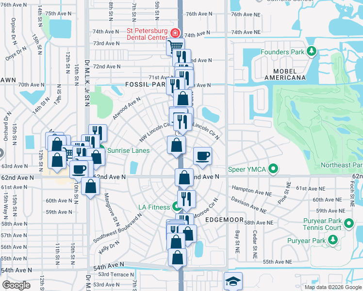 map of restaurants, bars, coffee shops, grocery stores, and more near 4th Street North in St. Petersburg