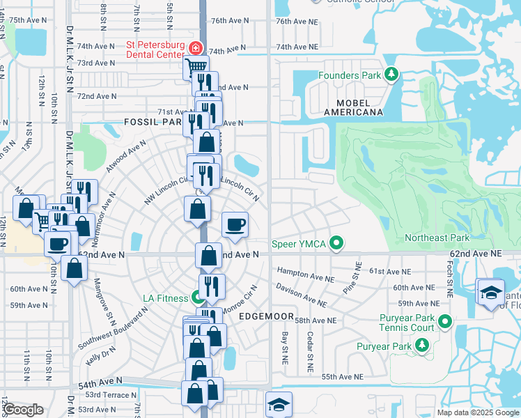 map of restaurants, bars, coffee shops, grocery stores, and more near 209 Northeast Lincoln Circle North in St. Petersburg