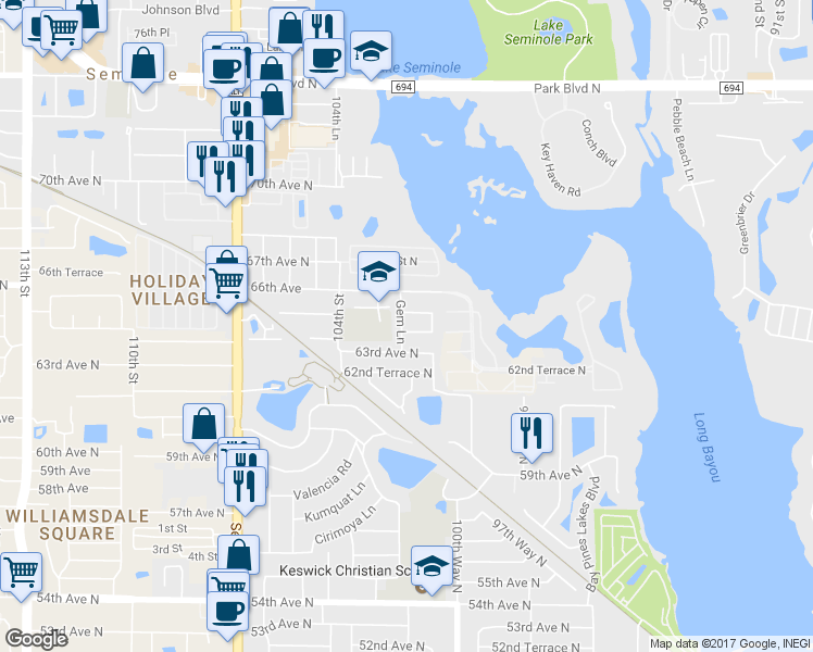 map of restaurants, bars, coffee shops, grocery stores, and more near 6449 Gem Lane in Seminole