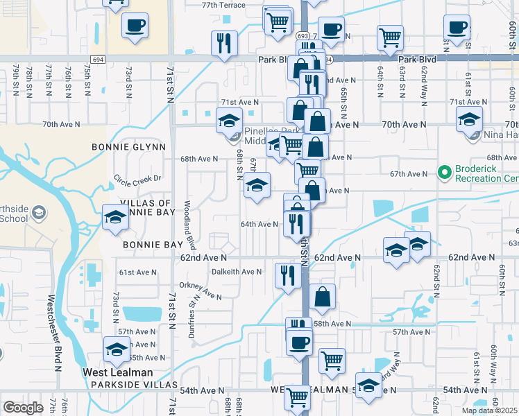 map of restaurants, bars, coffee shops, grocery stores, and more near 6505 68th Street North in Pinellas Park