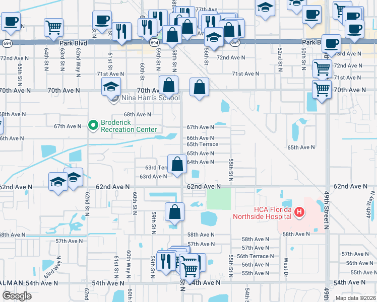 map of restaurants, bars, coffee shops, grocery stores, and more near 5721 65th Avenue North in Pinellas Park