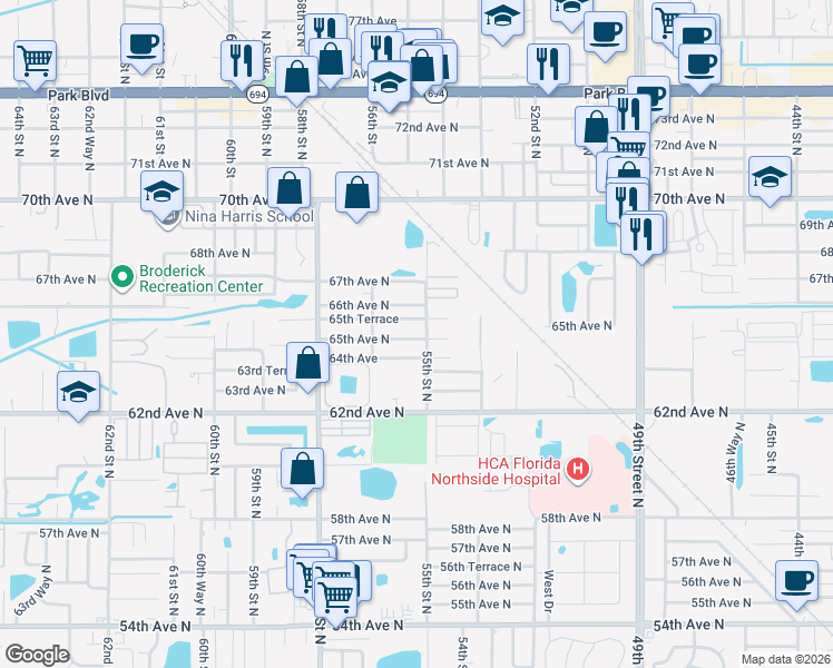 map of restaurants, bars, coffee shops, grocery stores, and more near 5511 65th Avenue North in Pinellas Park