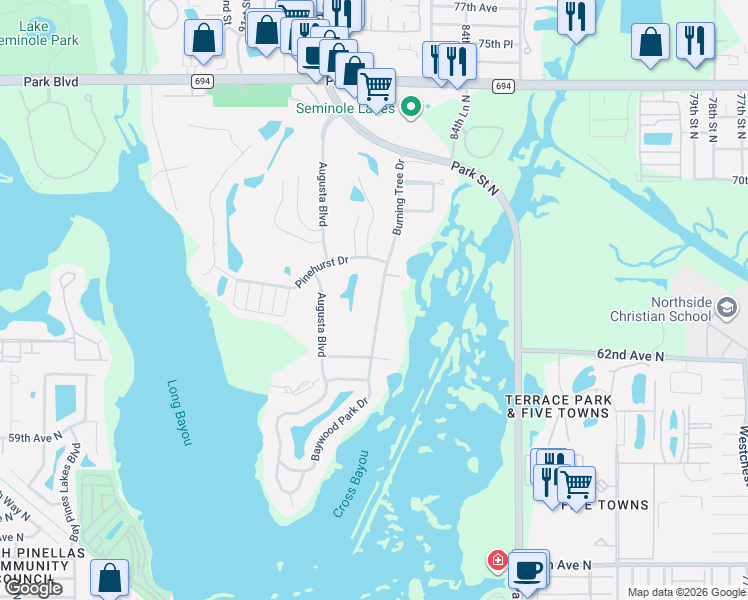map of restaurants, bars, coffee shops, grocery stores, and more near 6525 Burning Tree Drive in Seminole