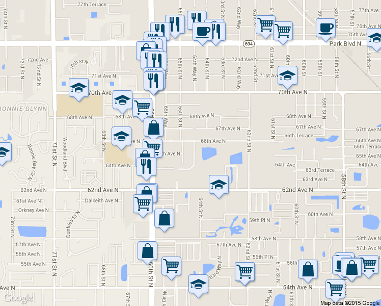 map of restaurants, bars, coffee shops, grocery stores, and more near 6500 64th Way North in Pinellas Park
