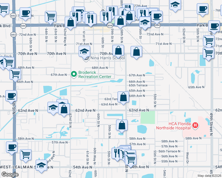 map of restaurants, bars, coffee shops, grocery stores, and more near 6519 59th Court in Pinellas Park