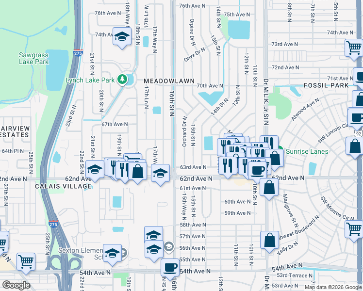 map of restaurants, bars, coffee shops, grocery stores, and more near 6500 Orchard Drive North in Saint Petersburg