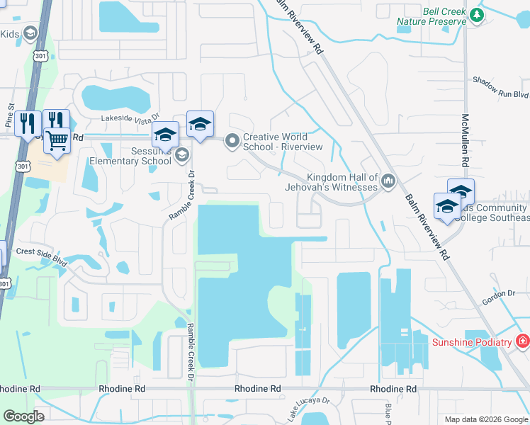 map of restaurants, bars, coffee shops, grocery stores, and more near 11407 Laurel Brook Court in Riverview