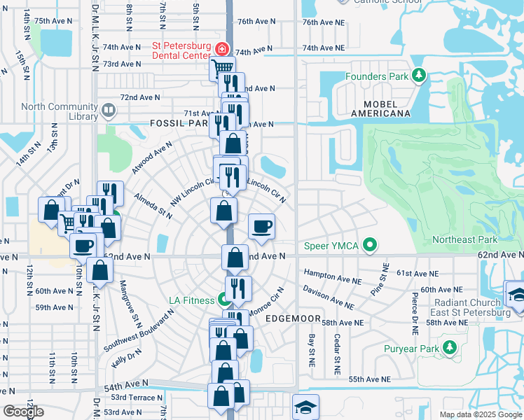 map of restaurants, bars, coffee shops, grocery stores, and more near 147 Northeast Monroe Circle North in St. Petersburg