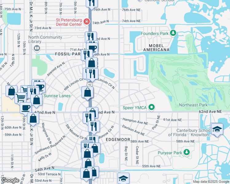 map of restaurants, bars, coffee shops, grocery stores, and more near 209 Northeast Lincoln Circle North in St. Petersburg
