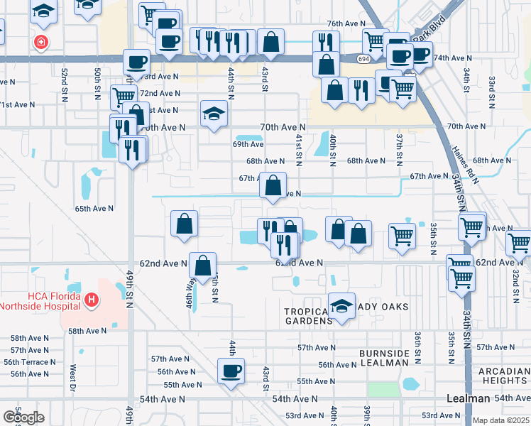 map of restaurants, bars, coffee shops, grocery stores, and more near 6541 44th Street North in Pinellas Park