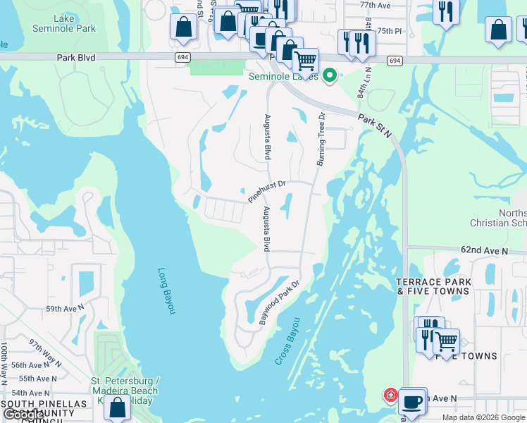 map of restaurants, bars, coffee shops, grocery stores, and more near 6488 Augusta Boulevard in Seminole